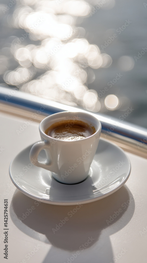 Poster a close-up of a coffee cup on a saucer resting on a table with a shimmering water background, creati