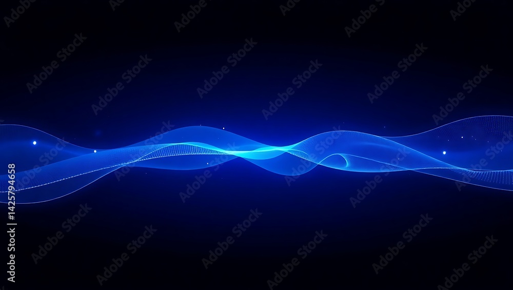 Poster abstract blue wave pattern against a dark background with small light particles.