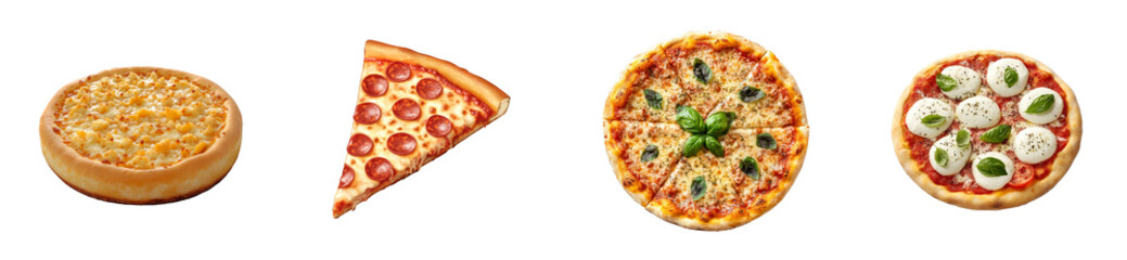 Variety of delicious pizzas, food, appetizer, snack, cut out transparent