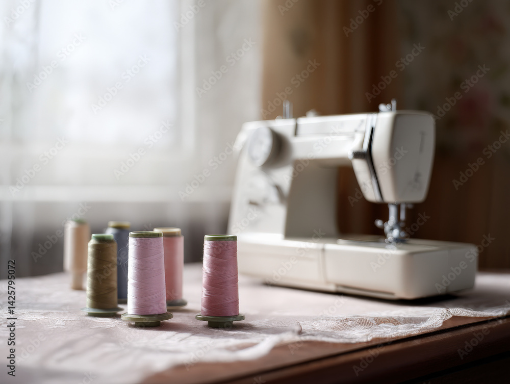 Poster a vintage sewing machine sits on a wooden table surrounded by colorful spools of thread, creating a 