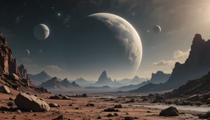 Gordijnen Mysterious sci-fi planet with alien landscapes and futuristic technology © Fikri Haikal