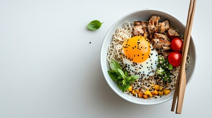 Colorful Pork Ramen Bowl with Toppings on White Background