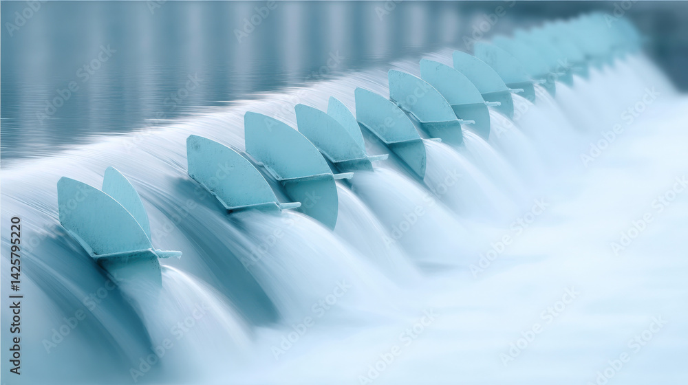 Poster a serene water cascade flows over a series of blue barriers, creating a tranquil scene with smooth m
