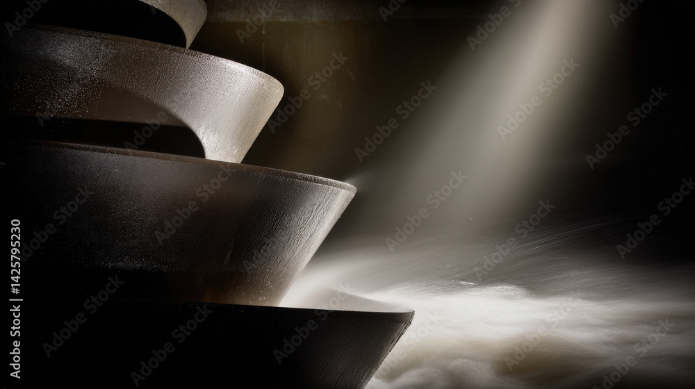 Poster a cascading water feature with circular black bowls catching the light, creating a serene and tranqu