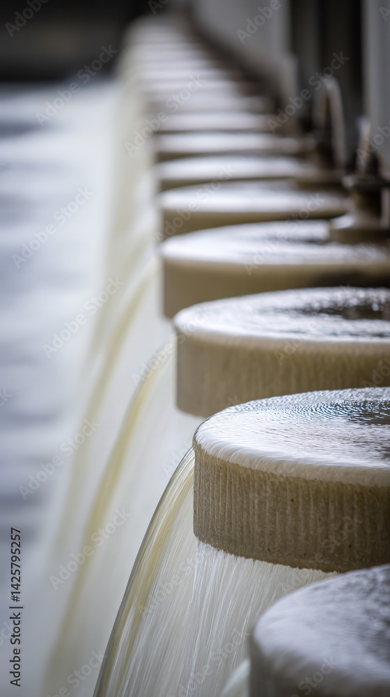 Aufkleber flowing water cascades over cylindrical surfaces in a serene setting, creating a rhythmic pattern of