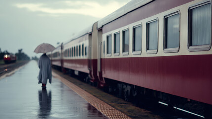 Obraz premium A lone figure walks along a rain-soaked train platform, holding a closed umbrella, with a vintage red and cream train in the background surrounded by overcast skies