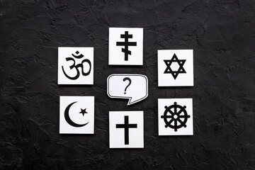 World religious symbols - Christianity cross, Islam crescent, Buddhism dharma wheel, Hinduism aum, Judaism David star top view