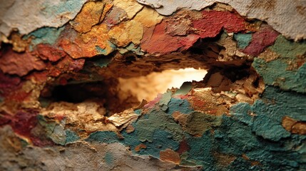 Fototapeta premium Macro close-up of textured peeling paint in vibrant metallic tones revealing golden light through crack, ideal for abstract art, symbolic visuals, and textured design backgrounds