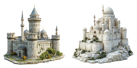 Fairy tale stone castles with towers and domes isolated on transparent background perfect for fantasy, magical kingdoms, and storybook themes