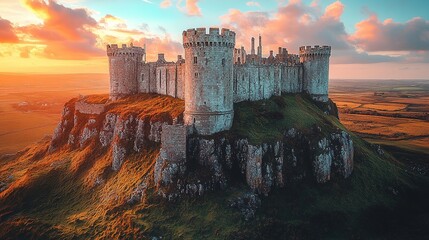 Majestic Medieval Castle atop Rocky Hill at Sunset with Dramatic