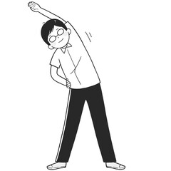 ラジオ体操する元気な男性のモノクロイラスト