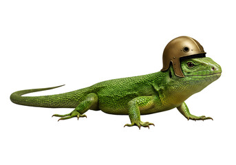 Fototapeta premium Green Lizard Wearing a Helmet: Funny Animal Image