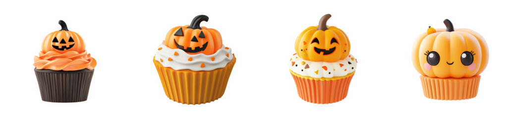 Four Halloween cupcakes, isolated on black background, cut out transparent