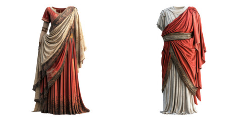 Roman togas in red and beige fabric draped over mannequins isolated on transparent background perfect for historical clothing and reenactment designs