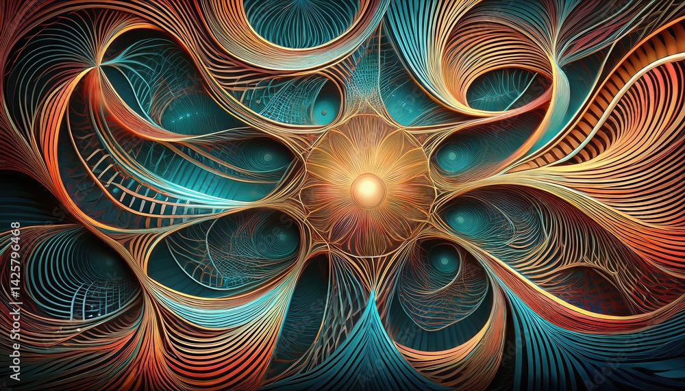 Poster intricate abstraction dynamic lines shapes in vibrant hues, offering a kaleidoscope of color and tex