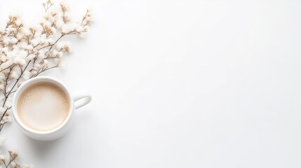 A white ceramic cup of coffee with delicate white flowers on a minimalist white background, serene and elegant composition, and perfect for relaxation concept.
