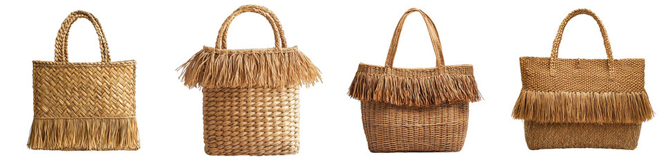 Woven straw bags with fringes and handles stylish accessories on transparent background