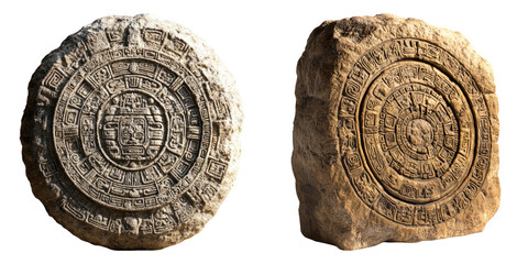 Ancient stone sun calendar carvings isolated on transparent background perfect for Mesoamerican culture, astrology, and archaeology visuals