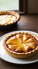 Golden Slice of Deliciousness: A Duo of Freshly Baked Fruit Tart Pies Ready to be Enjoyed on a Wooden Table.