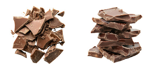 Pile of dark chocolate, broken pieces, cut out transparent