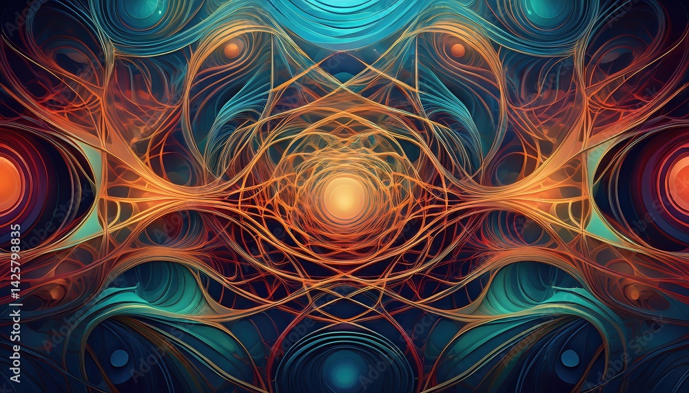 Poster abstract dynamic visual pattern intricate network of lines and shapes in vibrant hues, creating a me
