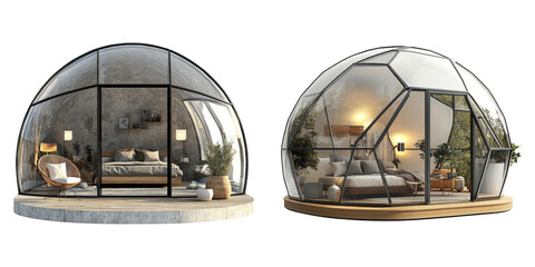 Modern dome-shaped glass cabins with interiors isolated on transparent background perfect for eco-resorts, modern living, and off-grid housing visuals