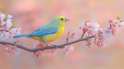 Obraz premium Yellow bird perched on cherry blossom branch, spring garden