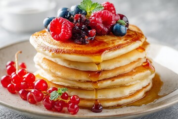 Stack of pancakes with maple syrup and berries.