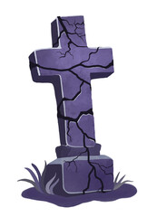 Watercolor image of cracked gravestone with some grass on the ground. Graphic element for Halloween.