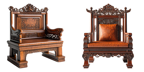 Ornate antique wooden thrones with detailed carvings isolated on transparent background perfect for royalty, fantasy, or medieval-themed designs