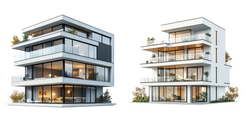 Minimalist modern apartments with glass balconies isolated on transparent background perfect for real estate, architecture, and urban living visuals