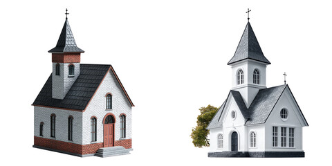 Traditional white wooden churches with steeples isolated on transparent background perfect for rural America, spirituality, and religious architecture themes