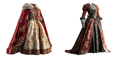 Luxurious royal gowns with cloaks and embroidery isolated on transparent background perfect for fantasy, historical fashion, and regal character design