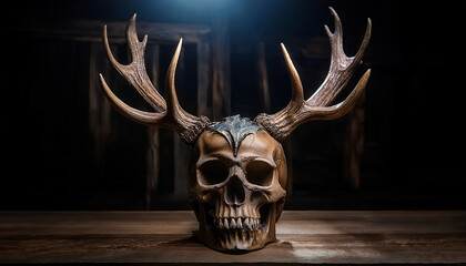 A wooden human skull with large, realistic antlers is dramatically lit against a dark background, blending natural and eerie elements into a haunting artistic composition.
