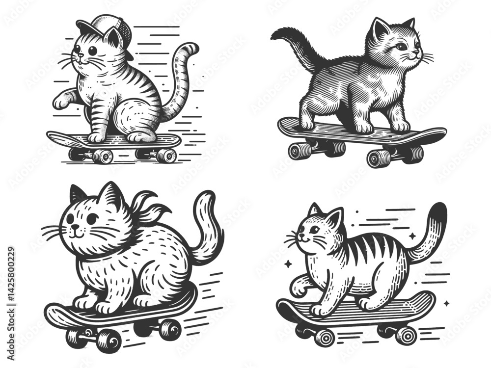 Poster cat riding skateboard set collection bundle sketch engraving generative ai vector illustration. scra
