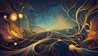 Intricate Abstraction Dynamic Visual Patter of Lines Shapes, Infusing Vibrant Energy and Mystique in a Mesmerizing Network of Forms