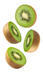 Fototapeta premium Fresh kiwi slices in mid-air isolated on transparent background