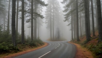 Fototapeta premium Winding Road Through Misty Forest with Tall Majestic Pine Trees