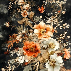 beautiful fantasy vintage wallpaper botanical flower bunch,vintage motif for floral print digital background
