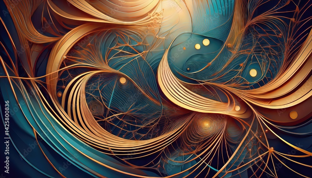 Poster intricate abstraction a dynamic symphony of lines and shapes, swirling in an enigmatic dance, evokin