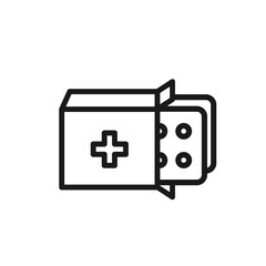 Opened medicine box with blister packs inside icon in line style. Editable style. For apps, websites, and health-related content. Healthcare and medicine concept. Paper packaging. Vector illustration