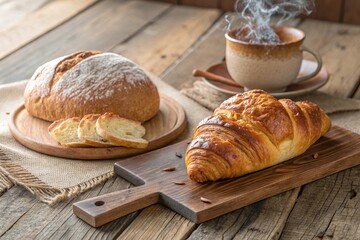 Warm Homemade Bread and Croissant with Coffee A Rustic Bakery Scene