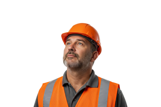 Orange hardhat safety vest construction worker man - png, isolated on transparent background