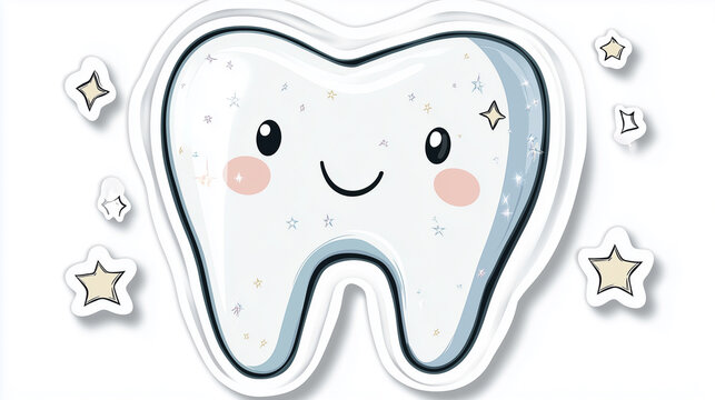 Sparkling Clean Tooth Sticker &ndash; Ultra-White Tooth with Shine Stars, Promoting Oral Hygiene, Isolated with White Border on White Background &ndash; Generated AI
