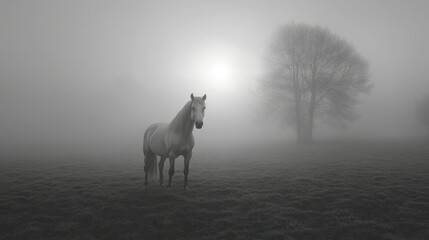 Misty field, solitary horse