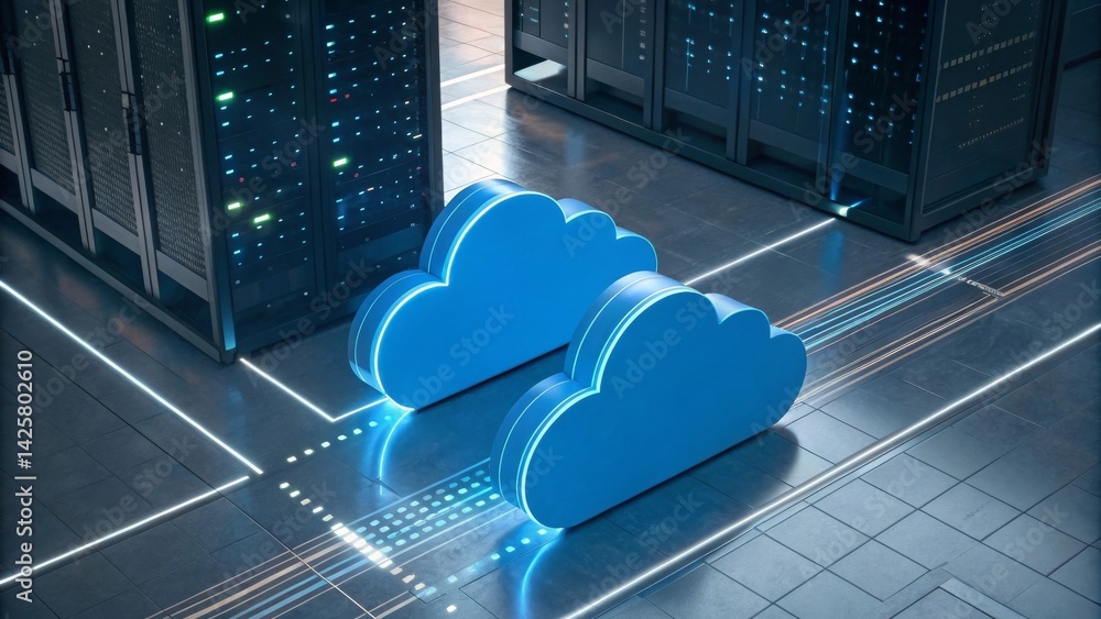 Poster digital clouds over a server room, representing cloud computing technology.