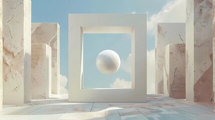 A off white vitrine column with rectangular bell with a central and perfect ball of levitation grass inside with a hollowed-out cube in the center against a sky background,  Generative AI illustration