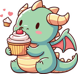 Cute Chibi Dragon Eating Cup Cake Character Cartoon Illustration