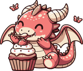 Cute Chibi Dragon Eating Cup Cake Character Cartoon Illustration