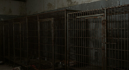Row of Rusty Cages in Dimly Lit Room Abandoned Structure